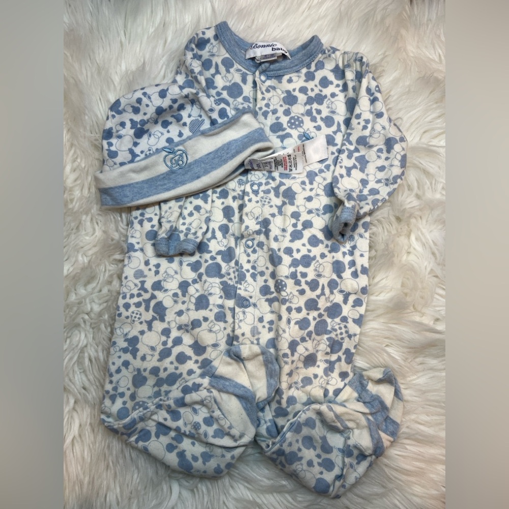 Bonnie Baby Blue and White Footie One Piece with Little Hat